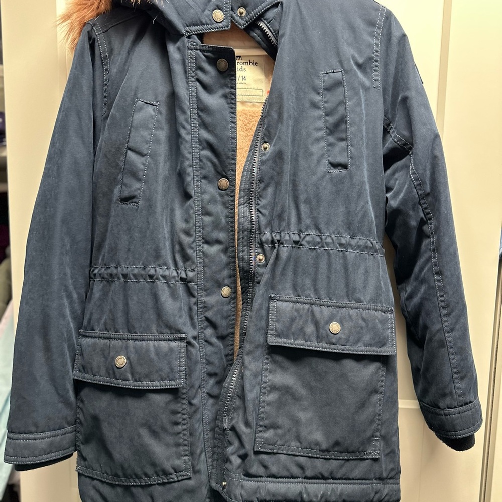 Abercrombie Kids Navy Puffer Coat with Faux Fur Hood